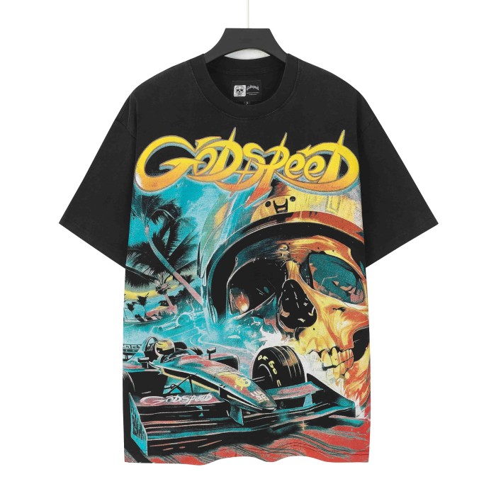 Streetwear Front Helmet Skeleton Race Car Palm Tree Island Cursive Letter Print T-Shirt 2 colors 29353551
