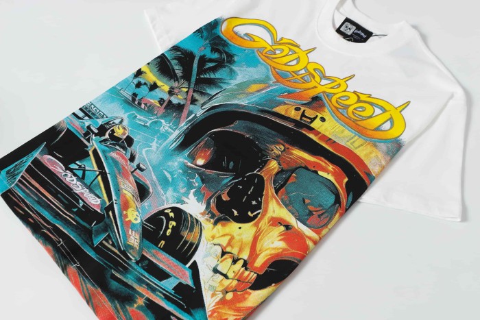 Streetwear Front Helmet Skeleton Race Car Palm Tree Island Cursive Letter Print T-Shirt 2 colors 29353551
