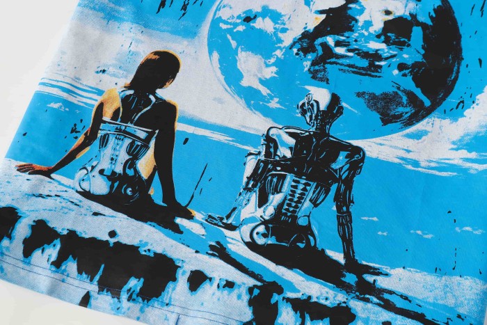 White Crackle Outline Gothic Script Human Figure Mechanical Skeleton Sitting On Rock Giant Planet Ocean Sky T-Shirt 29353431