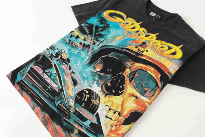 Streetwear Front Helmet Skeleton Race Car Palm Tree Island Cursive Letter Print T-Shirt 2 colors 29353551