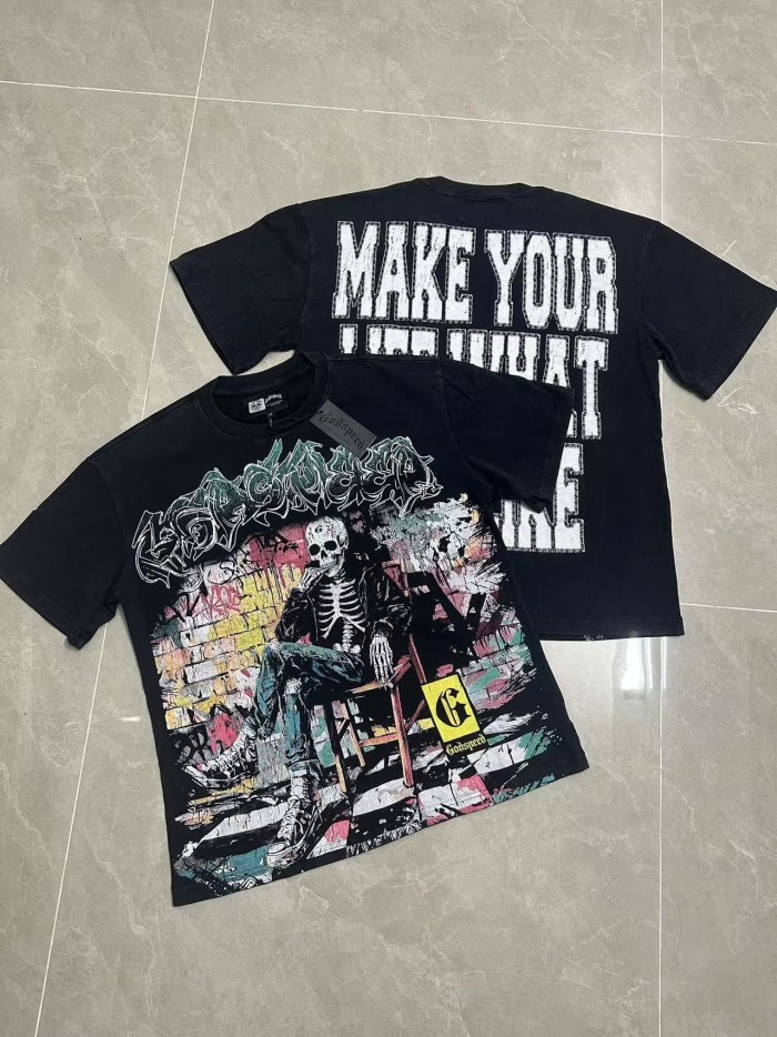 Urban Graffiti Hip Hop Streetwear Front Multicolor Bubble Graffiti Script Seated Skeleton Brick Graffiti Wall Graphic T-Shirt 2 colors 29353186