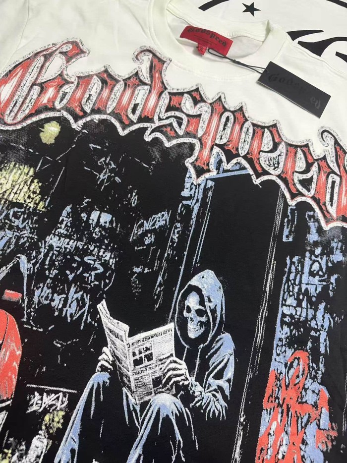 Streetwear Front Red White Crackle Gothic Script Hooded Skeleton Reading Newspaper Graffiti Wall Red Sports Car T-Shirt 2 colors 29353219