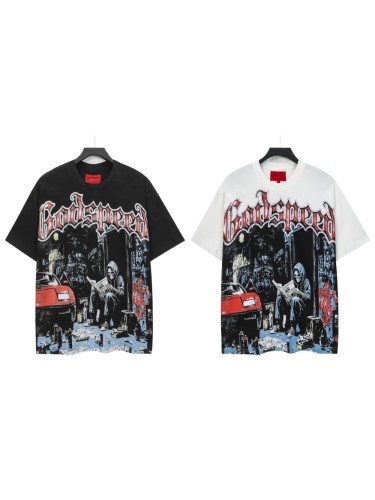 Streetwear Front Red White Crackle Gothic Script Hooded Skeleton Reading Newspaper Graffiti Wall Red Sports Car T-Shirt 2 colors 29353219