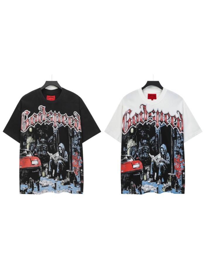 Streetwear Front Red White Crackle Gothic Script Hooded Skeleton Reading Newspaper Graffiti Wall Red Sports Car T-Shirt 2 colors 29353219