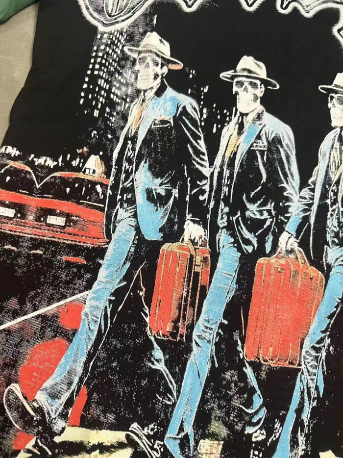 Front White Gradient Gothic Script Four Suit Cowboy Hat Skeletons Crosswalk City Building Red Classic Car T-Shirt 2 colors 29353204