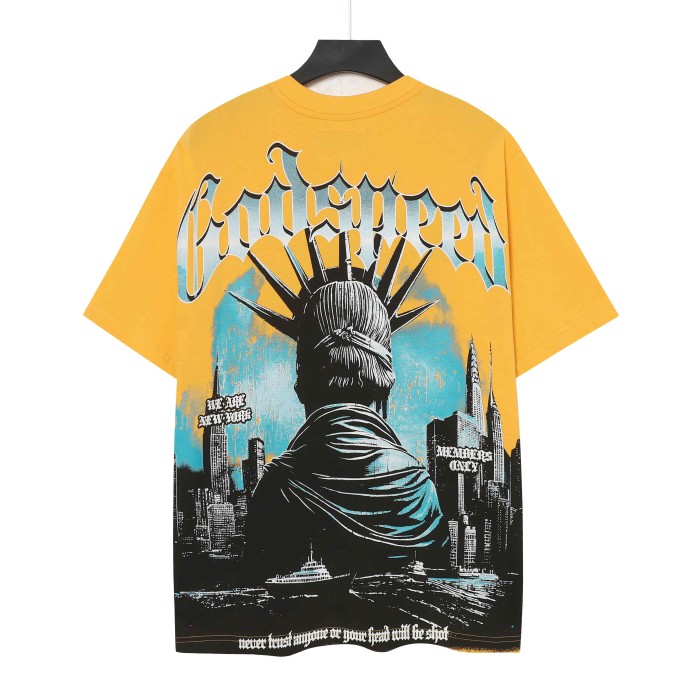 Blue White Gradient Gothic Script Front View Statue Of Liberty City Skyscraper Crowd Graphic T-Shirt 2 colors 29353554