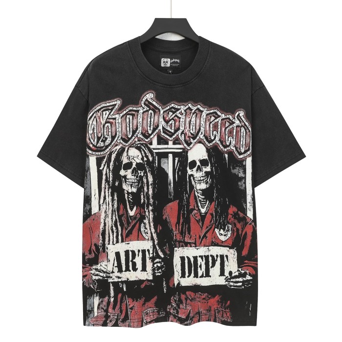 White Red Gradient Outline Gothic Script Two Dreadlock Skeletons In Prison Uniform Mugshot T-Shirt 2 colors 29353206