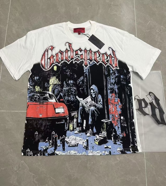 Streetwear Front Red White Crackle Gothic Script Hooded Skeleton Reading Newspaper Graffiti Wall Red Sports Car T-Shirt 2 colors 29353219