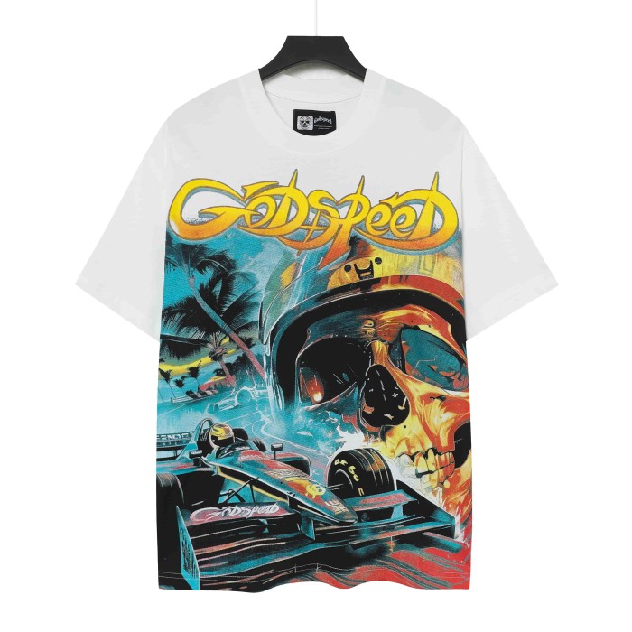 Streetwear Front Helmet Skeleton Race Car Palm Tree Island Cursive Letter Print T-Shirt 2 colors 29353551
