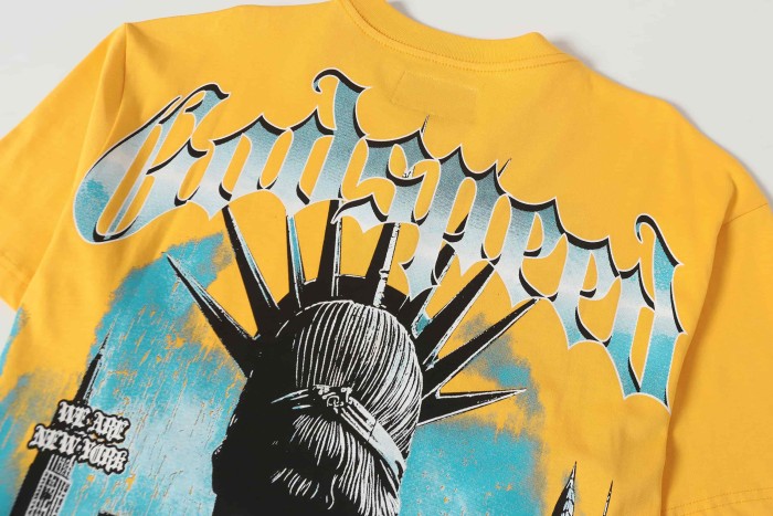 Blue White Gradient Gothic Script Front View Statue Of Liberty City Skyscraper Crowd Graphic T-Shirt 2 colors 29353554