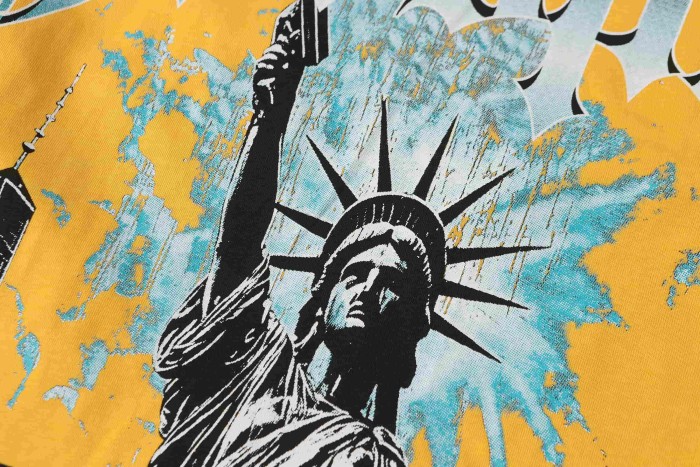 Blue White Gradient Gothic Script Front View Statue Of Liberty City Skyscraper Crowd Graphic T-Shirt 2 colors 29353554