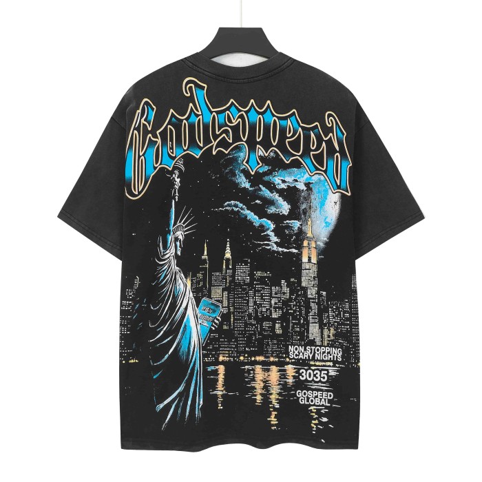 Liberty Statue Night Building Gothic Letter Print Back Full Standing Torch Statue Moon Night Graphic T-Shirt 2 colors 29353556
