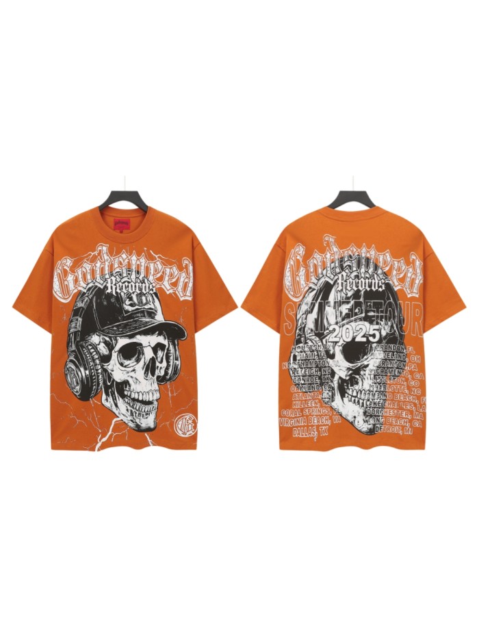 Tour Streetwear Front White Crackle Gothic Script Skull Wearing Baseball Cap Headphones Lightning Distressed Graphic T-Shirt 29353185
