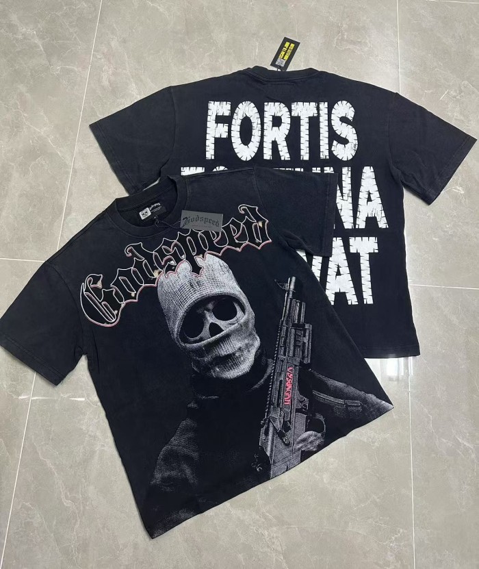 Front Black Red Outline Gothic Font Balaclava Skeleton Figure With Rifle Cracked Graphic T-Shirt 2 colors 29353183