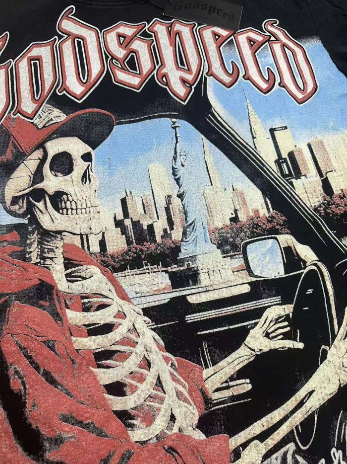Red White Outline Gothic Script Skeleton In Red Suit Hat Driving Car New York City Statue Of Liberty Distressed Graphic T-Shirt 29353453