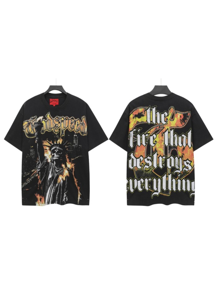 Patriotic Hip Hop Streetwear Front Gold Orange Gradient Gothic Script Skull Statue Of Liberty Torch Fire City Skyline T-Shirt 29353196