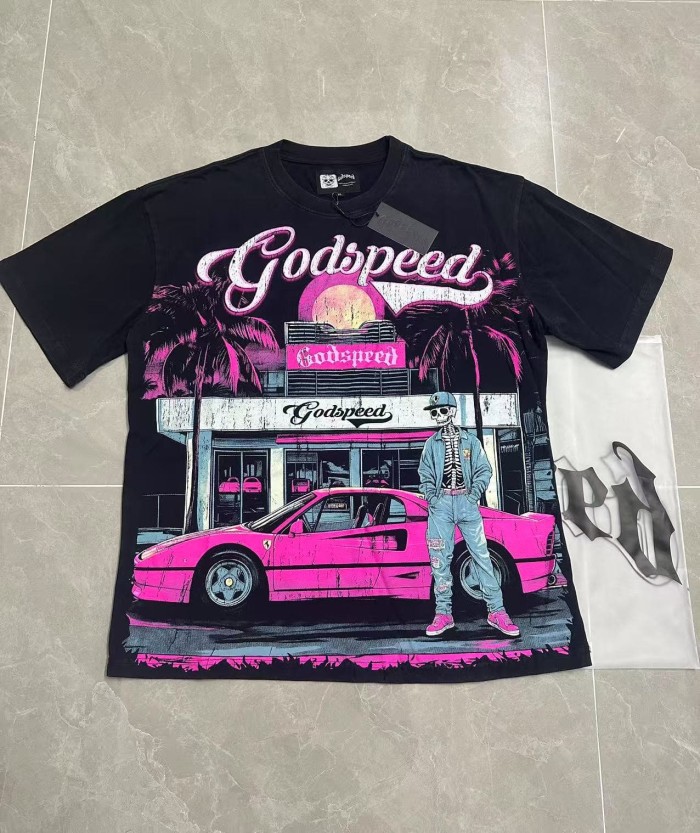 Streetwear Front Pink White Gradient Cursive Script Cowboy Skeleton Pink Sports Car Palm Tree Sunset Storefront T-Shirt 2 colors 29353195