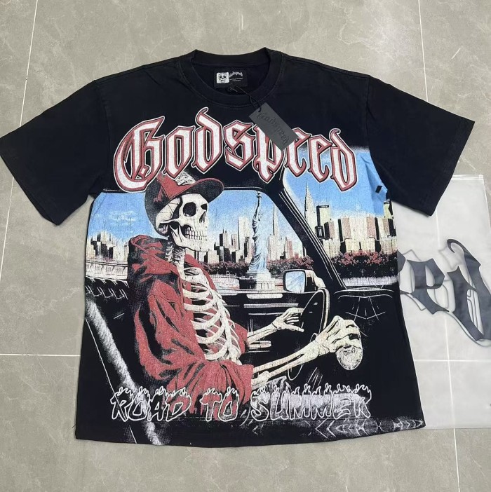 Red White Outline Gothic Script Skeleton In Red Suit Hat Driving Car New York City Statue Of Liberty Distressed Graphic T-Shirt 29353453