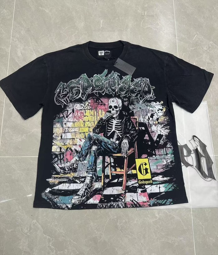 Urban Graffiti Hip Hop Streetwear Front Multicolor Bubble Graffiti Script Seated Skeleton Brick Graffiti Wall Graphic T-Shirt 2 colors 29353186
