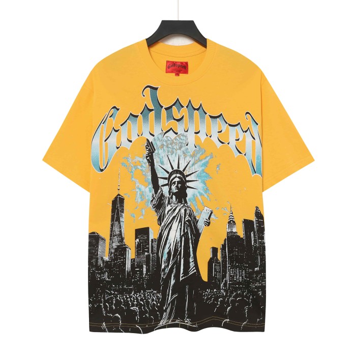 Blue White Gradient Gothic Script Front View Statue Of Liberty City Skyscraper Crowd Graphic T-Shirt 2 colors 29353554