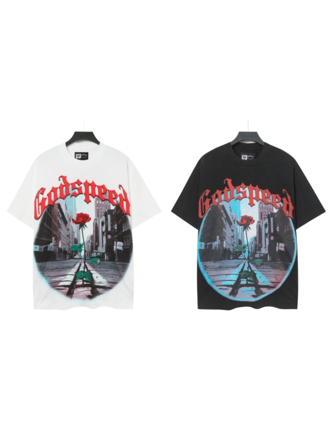 Red Outline Gothic Script Single Red Rose Growing On City Street Skyscraper Building Graphic T-Shirt 2 colors 29353544