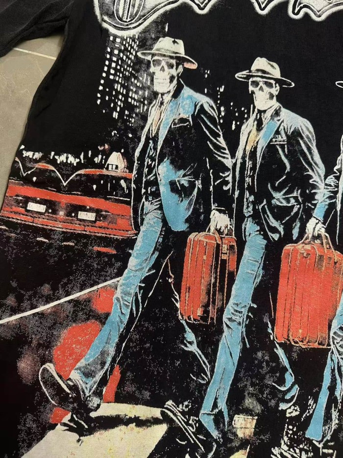 Front White Gradient Gothic Script Four Suit Cowboy Hat Skeletons Crosswalk City Building Red Classic Car T-Shirt 2 colors 29353204