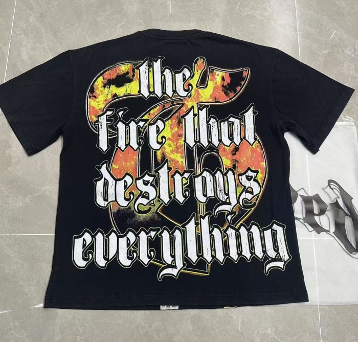 Patriotic Hip Hop Streetwear Front Gold Orange Gradient Gothic Script Skull Statue Of Liberty Torch Fire City Skyline T-Shirt 29353196
