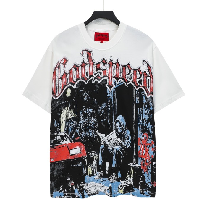Streetwear Front Red White Crackle Gothic Script Hooded Skeleton Reading Newspaper Graffiti Wall Red Sports Car T-Shirt 2 colors 29353219
