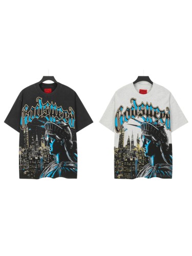 Liberty Statue Night Building Gothic Letter Print Back Full Standing Torch Statue Moon Night Graphic T-Shirt 2 colors 29353556