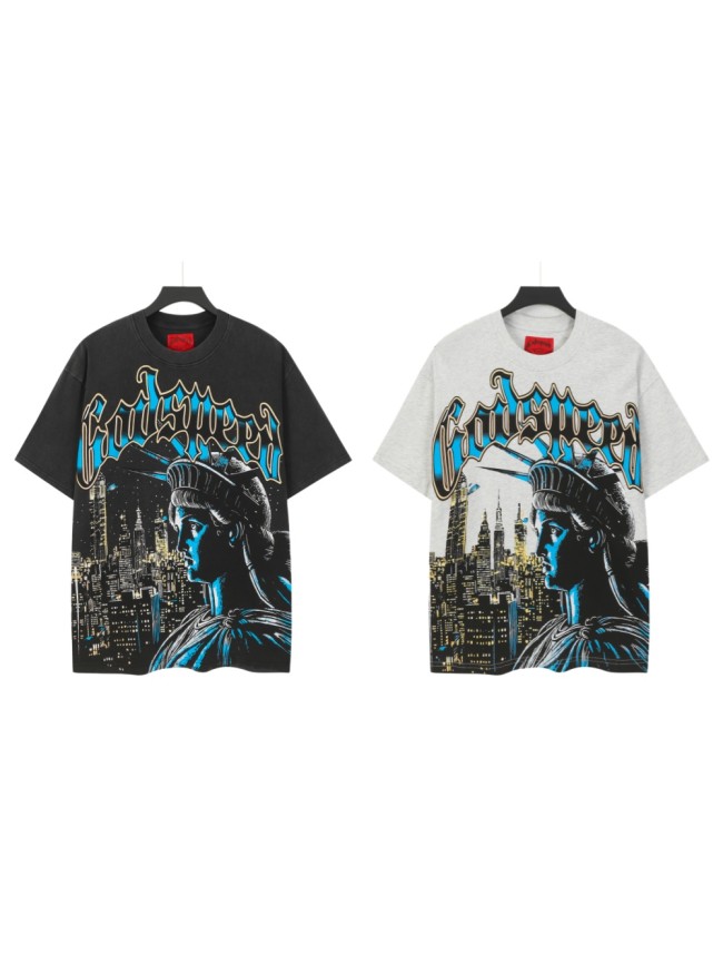 Liberty Statue Night Building Gothic Letter Print Back Full Standing Torch Statue Moon Night Graphic T-Shirt 2 colors 29353556