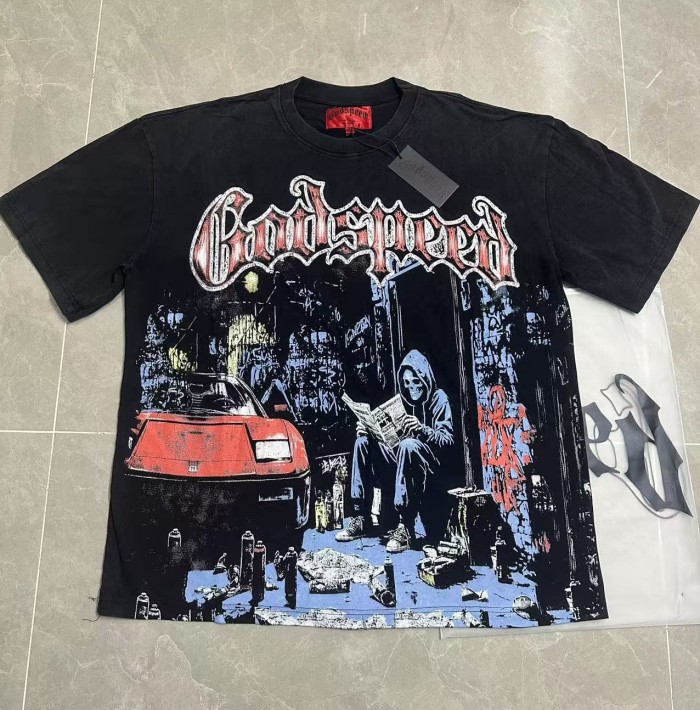 Streetwear Front Red White Crackle Gothic Script Hooded Skeleton Reading Newspaper Graffiti Wall Red Sports Car T-Shirt 2 colors 29353219