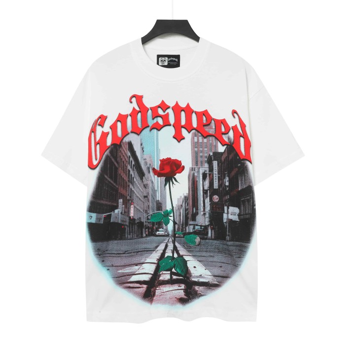 Red Outline Gothic Script Single Red Rose Growing On City Street Skyscraper Building Graphic T-Shirt 2 colors 29353544