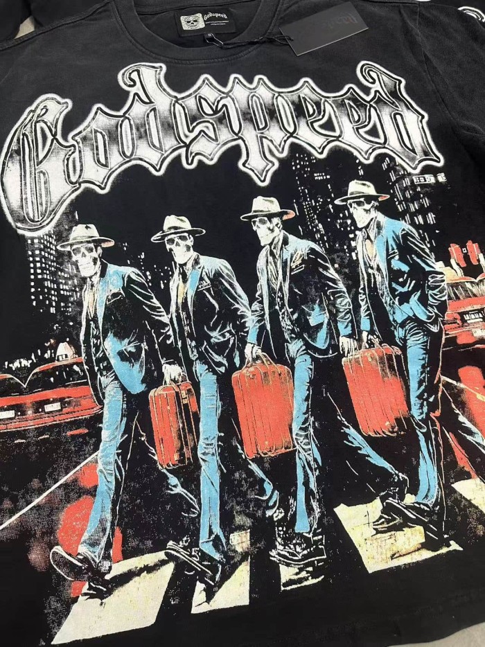 Front White Gradient Gothic Script Four Suit Cowboy Hat Skeletons Crosswalk City Building Red Classic Car T-Shirt 2 colors 29353204