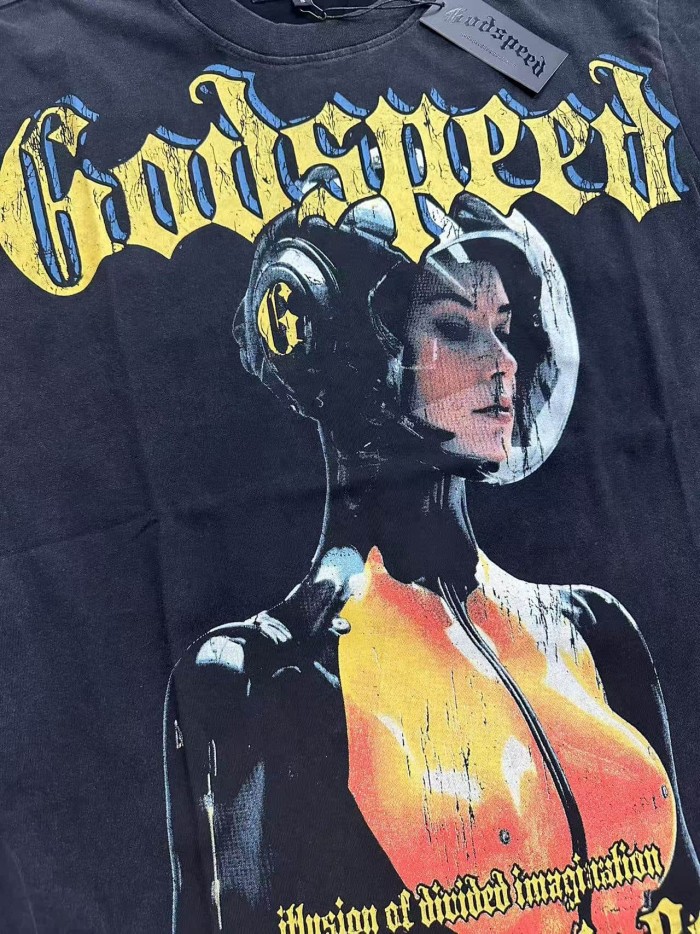 Y2K Hip Hop Streetwear Front Yellow Blue Outline Gothic Script Helmeted Cyborg Female Figure Cracked T-Shirt 29353201