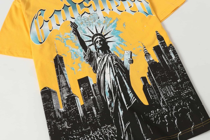 Blue White Gradient Gothic Script Front View Statue Of Liberty City Skyscraper Crowd Graphic T-Shirt 2 colors 29353554