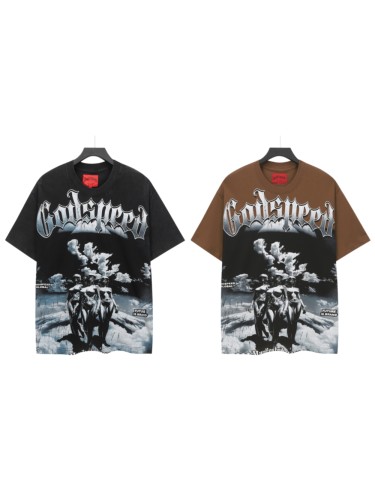 Hip Hop Streetwear Front Silver Gradient Gothic Script Three Female Figures Cloud Sky Monochrome Cracked Graphic T-Shirt 2 colors 29353191