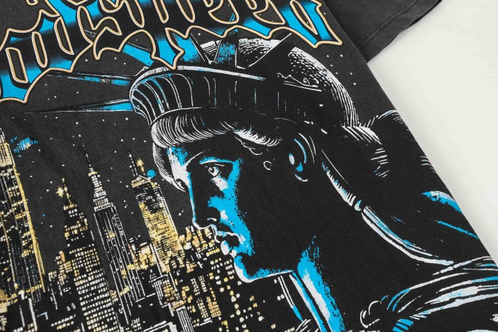 Liberty Statue Night Building Gothic Letter Print Back Full Standing Torch Statue Moon Night Graphic T-Shirt 2 colors 29353556