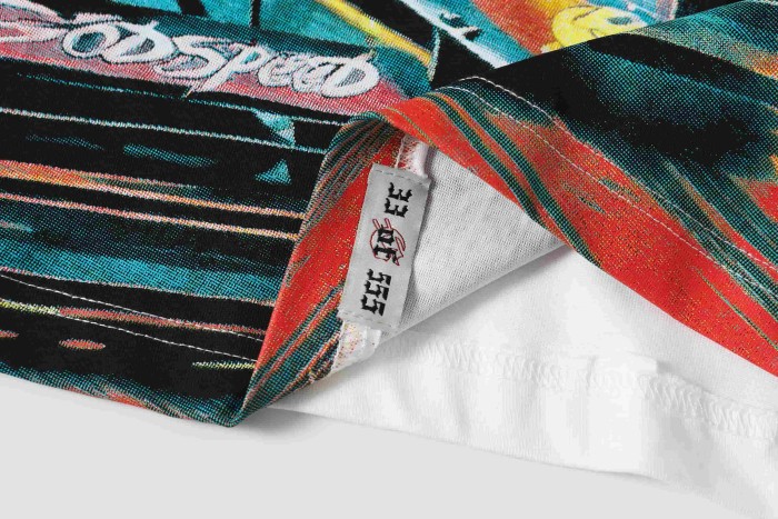 Streetwear Front Helmet Skeleton Race Car Palm Tree Island Cursive Letter Print T-Shirt 2 colors 29353551
