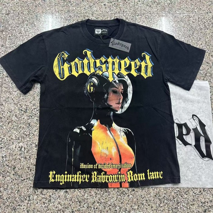 Y2K Hip Hop Streetwear Front Yellow Blue Outline Gothic Script Helmeted Cyborg Female Figure Cracked T-Shirt 29353201