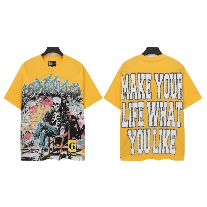 Urban Graffiti Hip Hop Streetwear Front Multicolor Bubble Graffiti Script Seated Skeleton Brick Graffiti Wall Graphic T-Shirt 2 colors 29353186