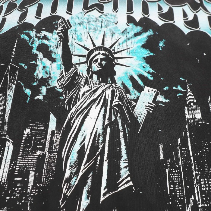 Blue White Gradient Gothic Script Front View Statue Of Liberty City Skyscraper Crowd Graphic T-Shirt 2 colors 29353554