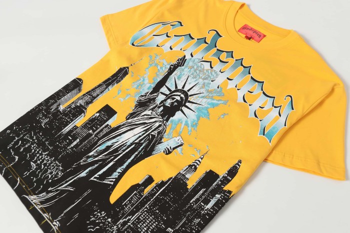 Blue White Gradient Gothic Script Front View Statue Of Liberty City Skyscraper Crowd Graphic T-Shirt 2 colors 29353554