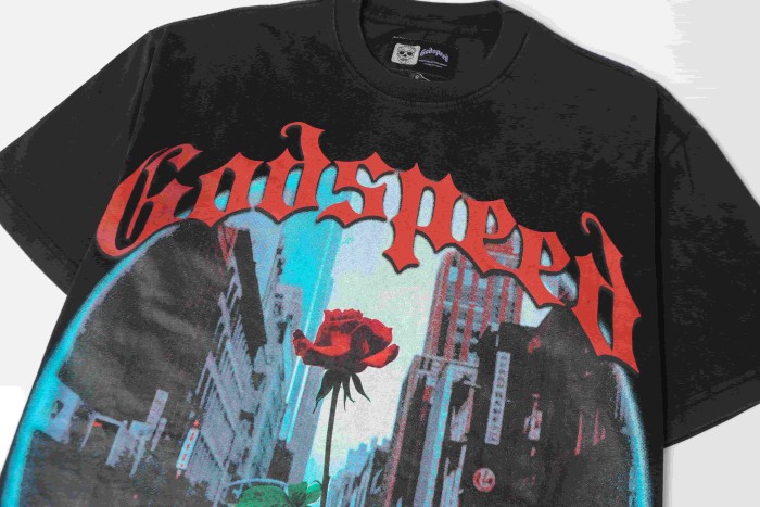 Red Outline Gothic Script Single Red Rose Growing On City Street Skyscraper Building Graphic T-Shirt 2 colors 29353544
