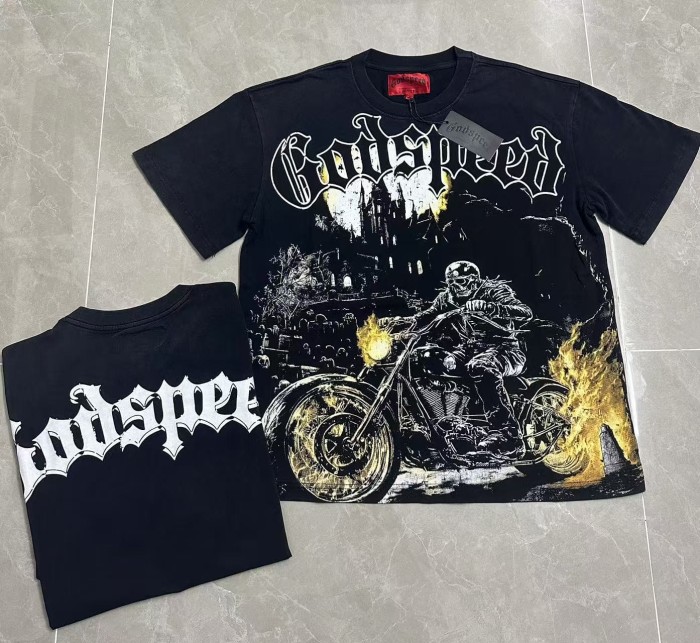 Streetwear Front White Outline Gothic Script Helmeted Skeleton Motorcycle Rider Cemetery Castle Fire Flame T-Shirt 29353200