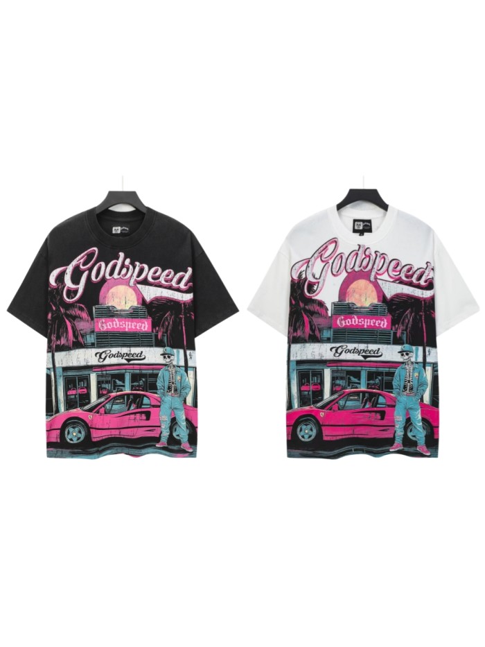 Streetwear Front Pink White Gradient Cursive Script Cowboy Skeleton Pink Sports Car Palm Tree Sunset Storefront T-Shirt 2 colors 29353195