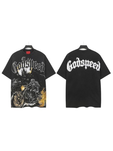 Streetwear Front White Outline Gothic Script Helmeted Skeleton Motorcycle Rider Cemetery Castle Fire Flame T-Shirt 29353200
