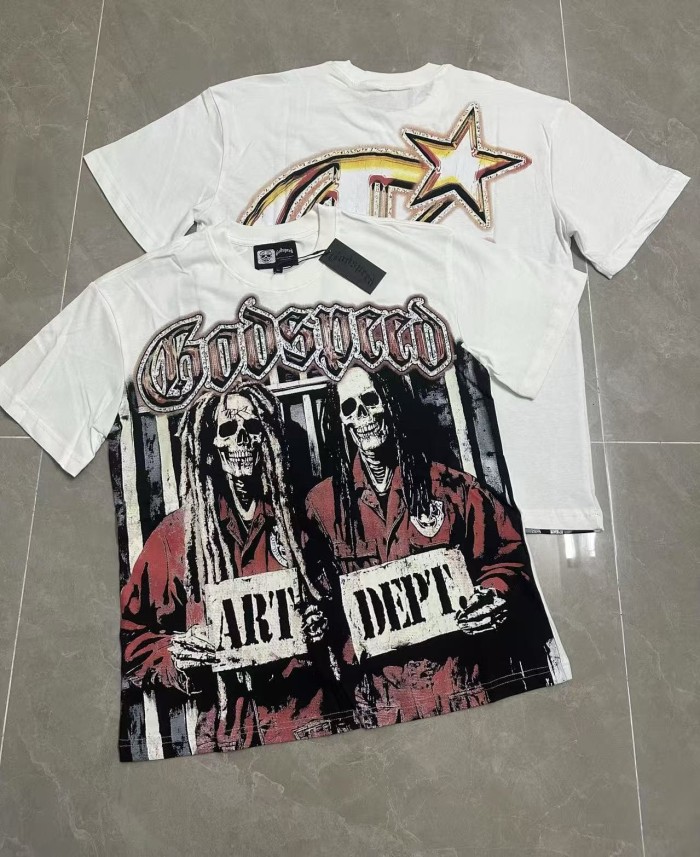 White Red Gradient Outline Gothic Script Two Dreadlock Skeletons In Prison Uniform Mugshot T-Shirt 2 colors 29353206