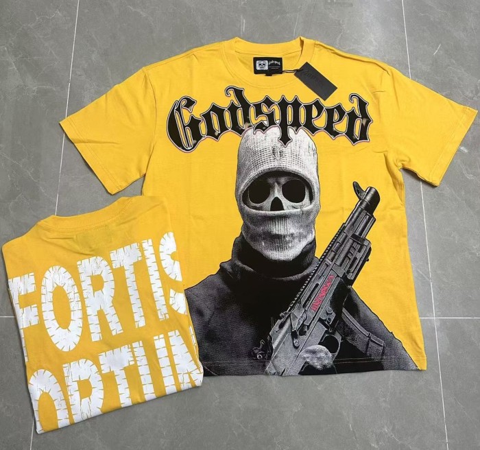 Front Black Red Outline Gothic Font Balaclava Skeleton Figure With Rifle Cracked Graphic T-Shirt 2 colors 29353183