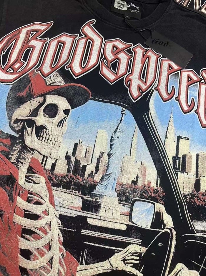 Red White Outline Gothic Script Skeleton In Red Suit Hat Driving Car New York City Statue Of Liberty Distressed Graphic T-Shirt 29353453