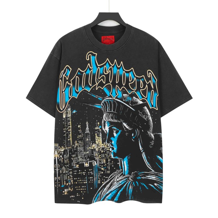 Liberty Statue Night Building Gothic Letter Print Back Full Standing Torch Statue Moon Night Graphic T-Shirt 2 colors 29353556